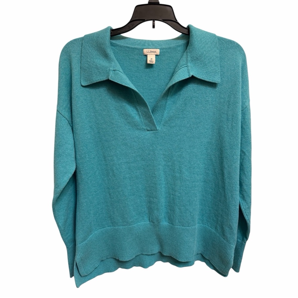 LL Bean Polo Sweater Women's Medium Dusty Teal Cotton/Cashmere Preppy Luxury